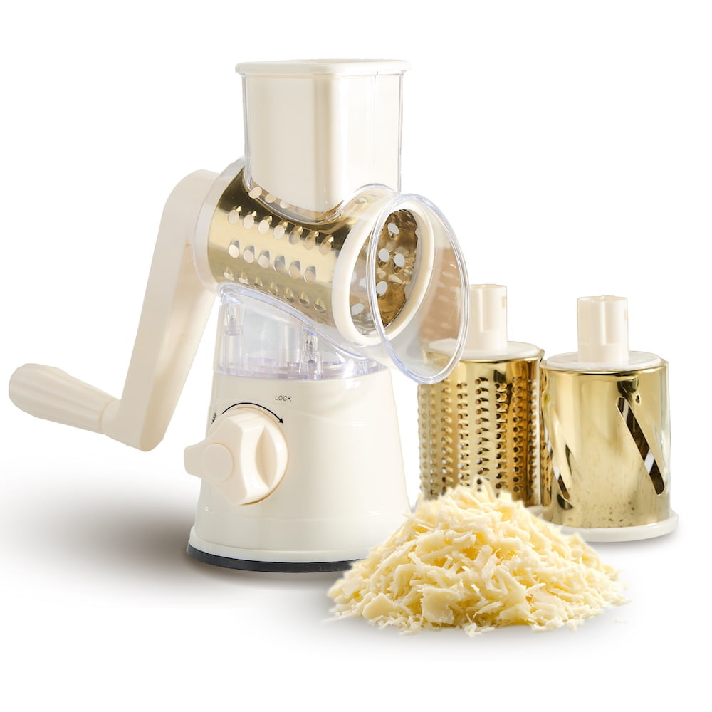 COOK WITH COLOR Rotary Cheese Grater with 3 Interchangeable Drum Blades, Cream