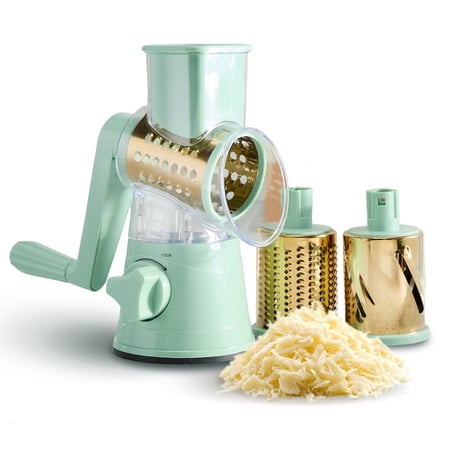 COOK WITH COLOR Cheese Grater, Rotary Cheese Grater with 3 Stainless Steel Blades, Gold Teal