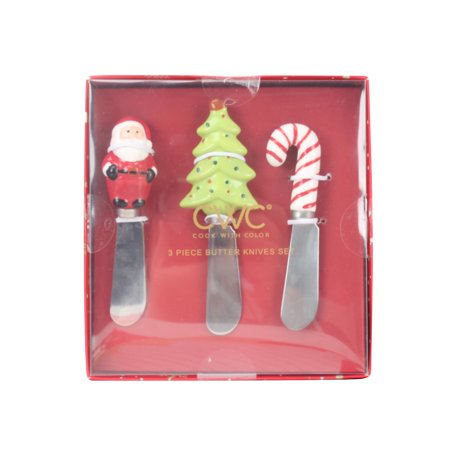 Cook with Color Stainless Steel Cheese Spreaders, Set of 3, with Christmas Tree, Santa, Candy Cane Figural Handles