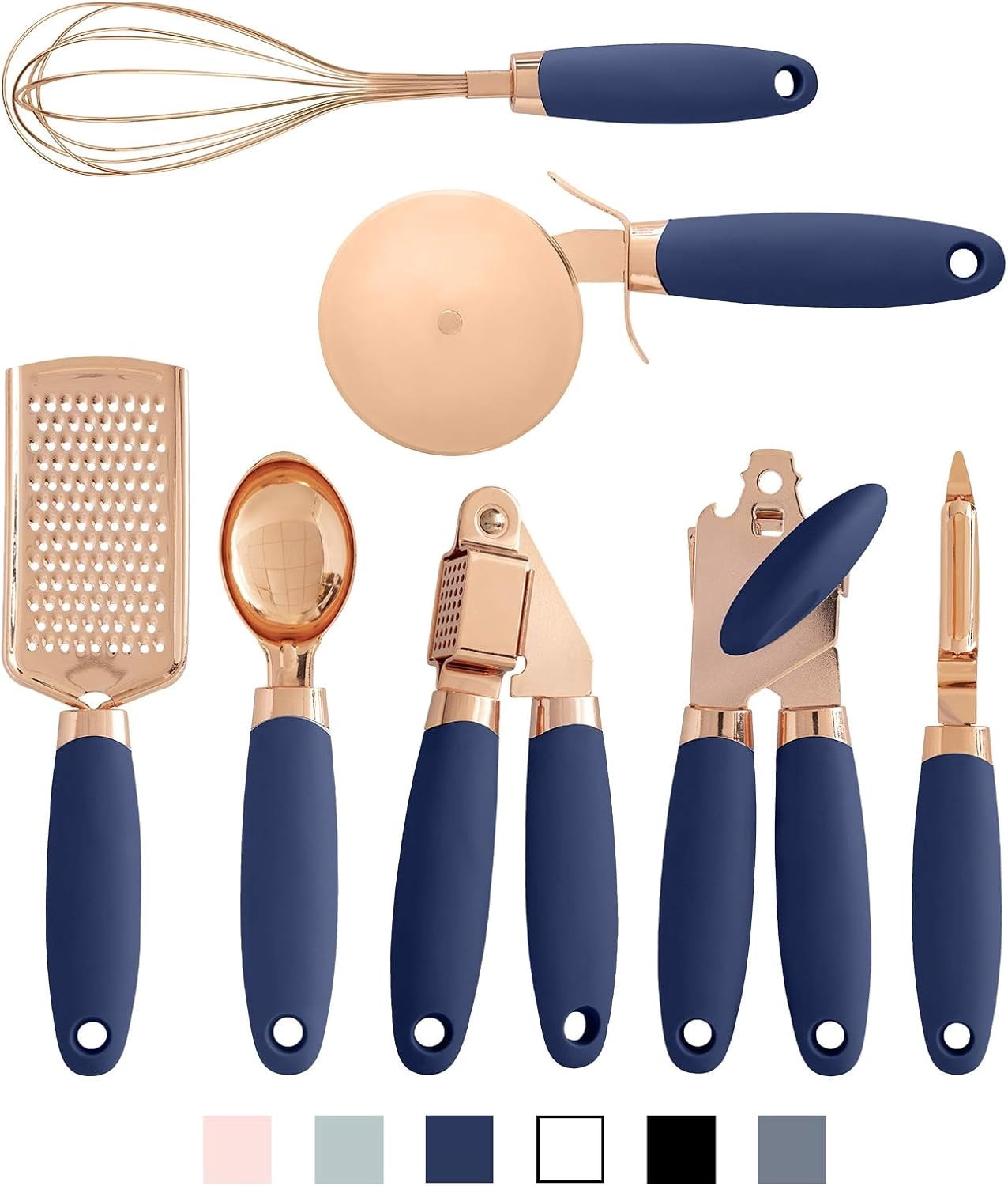 COOK WITH COLOR Kitchen Utensils Set, 7-Piece Stainless Steel Utensils with Soft Touch Handles, Copper Navy