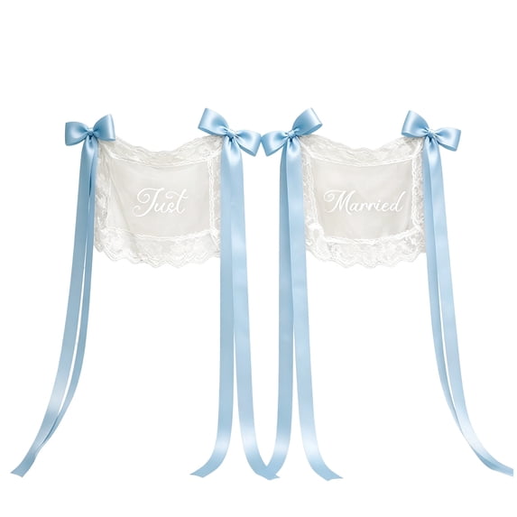CookMate 2‑Piece Lace Chair Back Sign With Satin Ribbon, Just Married Chair Decoration For Bride Groom Wedding Ceremony (12.99×17.72inch)