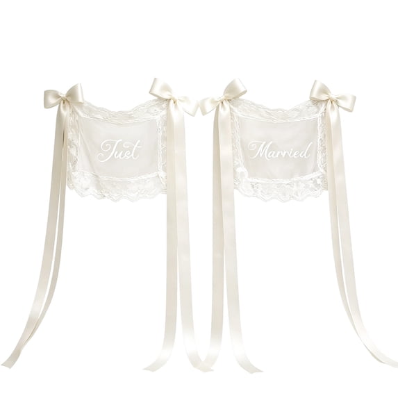 CookMate 2‑Piece Lace Chair Back Sign With Satin Ribbon, Just Married Chair Decoration For Bride Groom Wedding Ceremony (12.99×17.72inch)