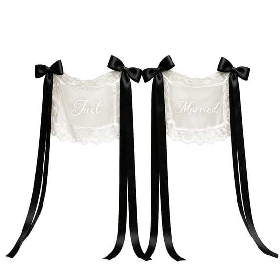 CookMate 2‑Piece Lace Chair Back Sign With Satin Ribbon, Just Married Chair Decoration For Bride Groom Wedding Ceremony (12.99×17.72inch)