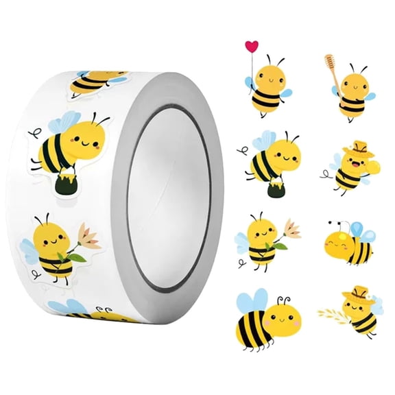 CookMate 500 Pcs Bee Stickers Roll,Self-Adhesive Cute Animal Decals for Water Bottles and Notebooks,Waterproof Reward Labels for Kids Classroom and Party Favors.
