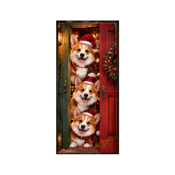 CookMate Christmas Door Cover Dog Print Polyester Christmas Door Banner For Front Door Holiday Party Entryway Home Outdoor Christmas Decorations 90x180cm