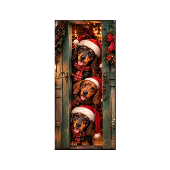 CookMate Christmas Door Cover Dog Print Polyester Christmas Door Banner For Front Door Holiday Party Entryway Home Outdoor Christmas Decorations 90x180cm