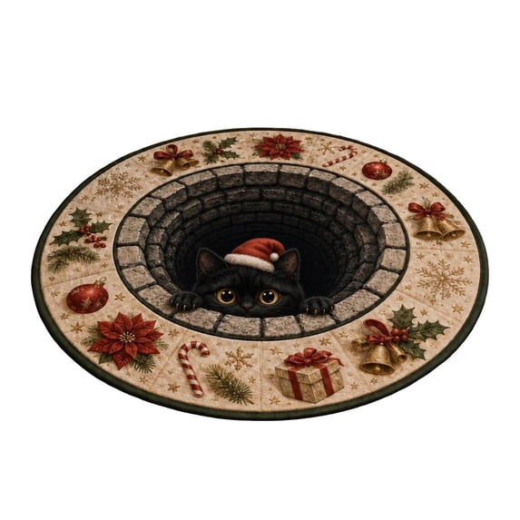 CookMate Christmas Round Decorative Area Rug 3D Optical Black Cat Santa Hat Design Non Washable Beige Floor Mat For Entryway Bedroom Living Room Indoor Holiday Season Home Styling
