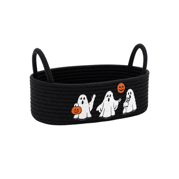 CookMate Halloween Ghost Woven Rope Storage Basket Black Decorative Organizer With Handles For Countertop Bathroom Holiday Home Decor