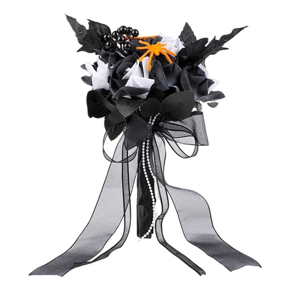 CookMate Halloween Gothic Artificial Bouquet Black Red Rose Pumpkin Accent Handheld Floral Arrangement For Dark Themed Party Event And Home Interior Display