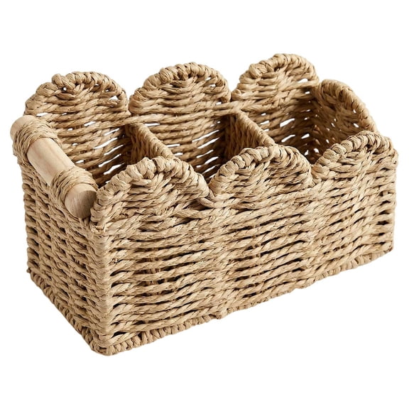 CookMate Woven Desktop Organizer (Beige),8.27in Natural Fiber 3-Slot Storage Caddy with Scalloped Edge,Handmade Remote Control Holder for Office Desk and Living Room.