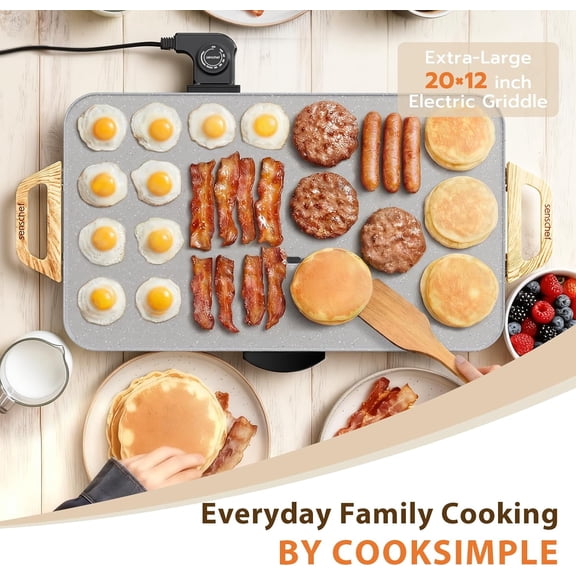 CookSimple Everyday 20"x12" Electric Griddle–1700W Nonstick ILAG Granite Surface, Large Flat Design, Perfect for Family Meals, Pancakes&Eggs, Fast Even Heating, Easy to Clean, Granite Grey