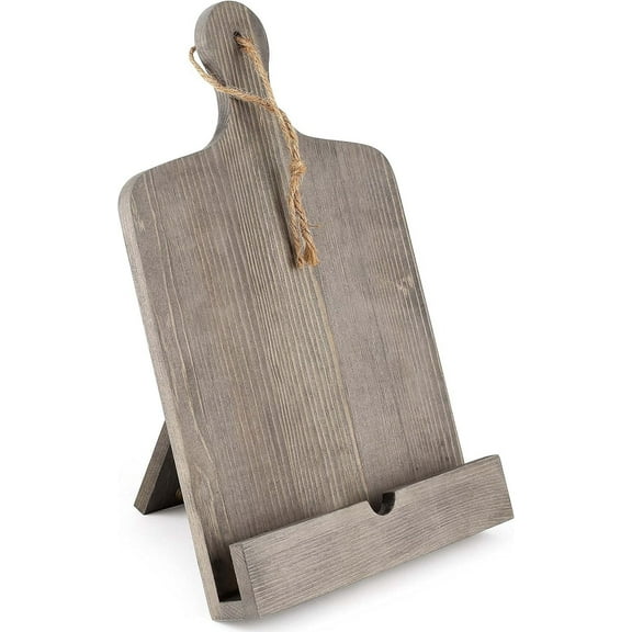Cookbook Stand Recipe Book Holder Stand with Wood Cutting Board Design, Cookbook with Back Stand for Convenient Countertop Display or String for Wall Mounting iPad and Tablet Hands Free StandGray