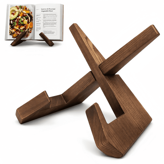 Cookbook Stand for Kitchen Counter, Wooden Recipe Book Holder, Cookbook Holder for Kitchen, Rustic Brown Cook Book Stand