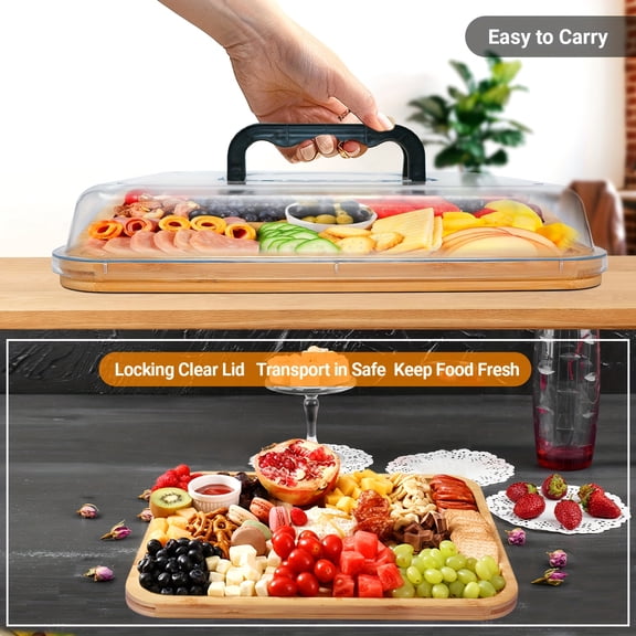 Cooked food board with transparent cover, travel portable cheese board, cooked food box, kitchen cutting board, housewarming gift for new home, ladies' gift, Mother's Day gift
