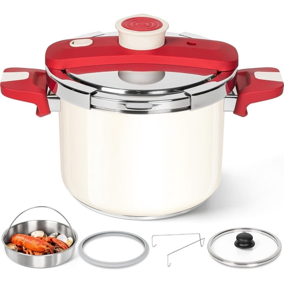 Cooker Stainless  6.3 Quart,   Pot, One-Hand Locking System, Olla de Presion Colorful Design, Induction Compatible, with Glass Lid & Steamer