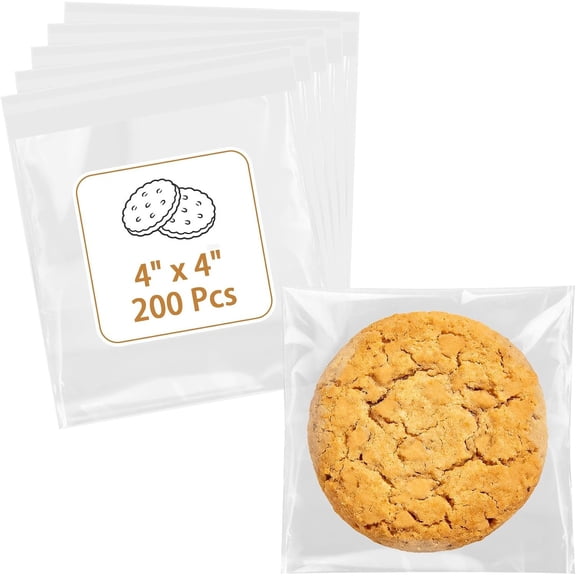 Cookie Bags with Seal, 200 count (4x4 Inches) Self Sealing Cellophane Bag