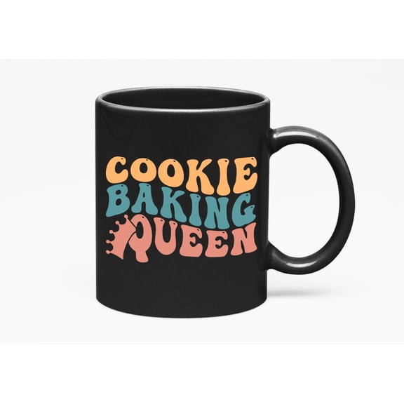 Cookie Baking Queen, Baker or Pastry Chef Themed, Groovy Retro Wavy Text Merch Gift, Black 11oz Ceramic Mug