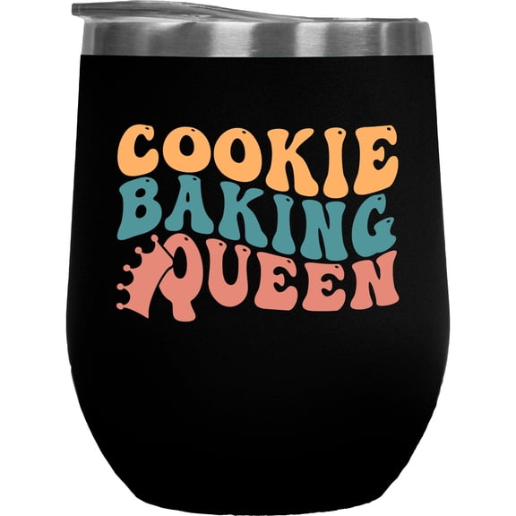 Cookie Baking Queen, Baker or Pastry Chef Themed, Groovy Retro Wavy Text Merch Gift, Black 12oz Wine Tumbler