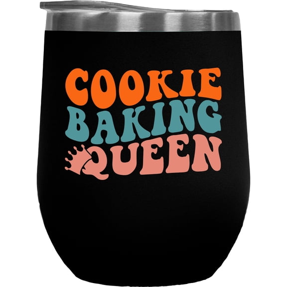 Cookie Baking Queen, Pastry Chef or Baker Themed, Groovy Retro Wavy Text Merch Gift, Black 12oz Wine Tumbler
