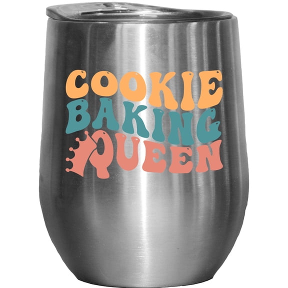 Cookie Baking Queen, Title for Pastry Chef, Baker or Baking Enthusiast, Groovy Retro Wavy Text Merch Gift, Stainless Steel 12oz Wine Tumbler