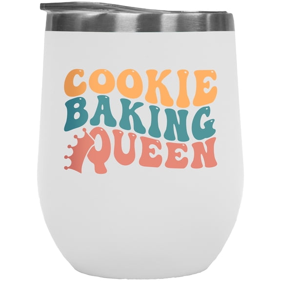 Cookie Baking Queen, Title for Pastry Chef, Baker or Baking Enthusiast, Groovy Retro Wavy Text Merch Gift, White 12oz Wine Tumbler