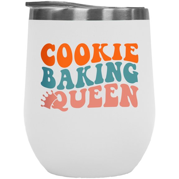Cookie Baking Queen, Title for Pastry Chef, Baking Enthusiast or Baker, Groovy Retro Wavy Text Merch Gift, White 12oz Wine Tumbler