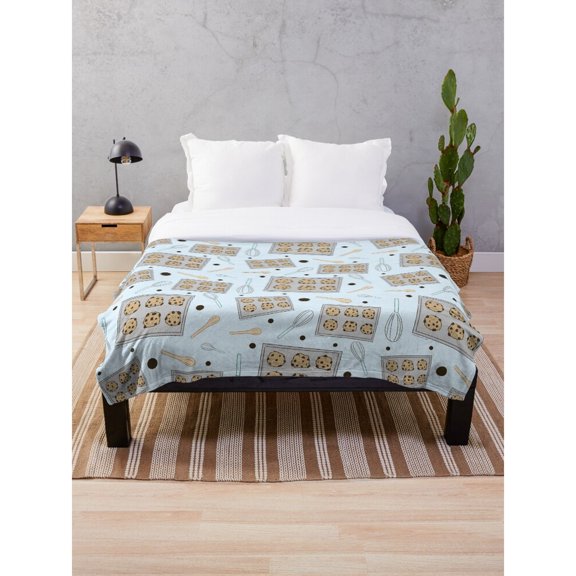Cookie Baking Utensils Light Blue Fleece Blanket, 280 GSM Polyester Fabric, Kitchen Theme for Couch or Bed