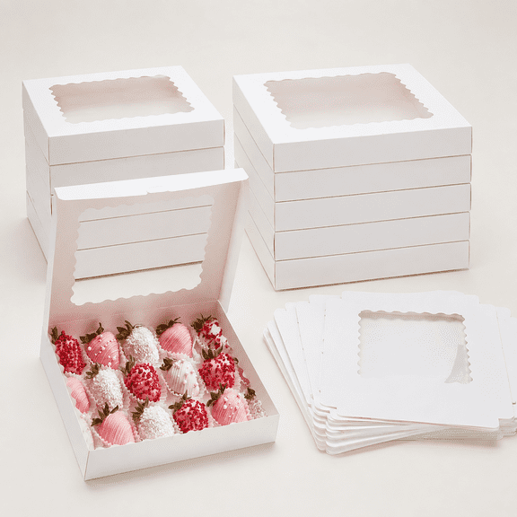 Cookie Boxes with Window, 12x12x2.5 Inch Bakery Boxes, White Treat Boxes for Desserts, Donuts, Muffins, Pies, Chocolates - Pastry Packaging for Baked Goods