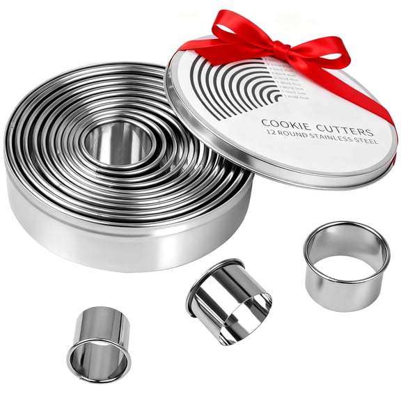 MOJINO 12-Piece Round Cookie Cutter Set, Circle Pastry Cutters with Storage Tin, Stainless Steel Biscuit Cutters and Donut Cutter Ring Molds, Mothers Day Gifts for Mom