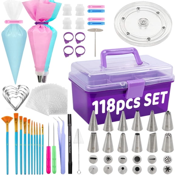 Cookie Decorating Kit 118pcs With Storage Case Royal Sugar Piping Bags And Tips Icing Supplies Set Turntable Scribe Decoration Tools For Holiday Christmas Valentine