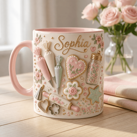 Cookie Decorator Mug with 3D Effect, Personalized Name Pastel Baking Gift