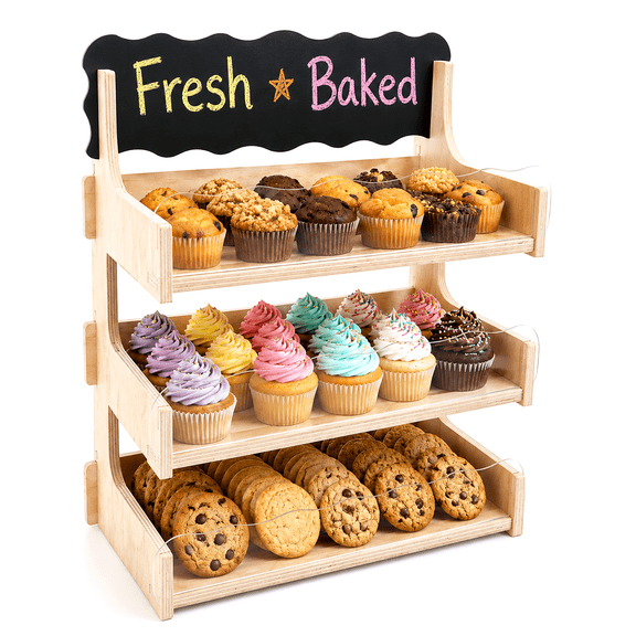 Zalhyrox 3-Tier Wooden Cupcake Display Stand with Chalkboard Sign & Acrylic Panels, Foldable