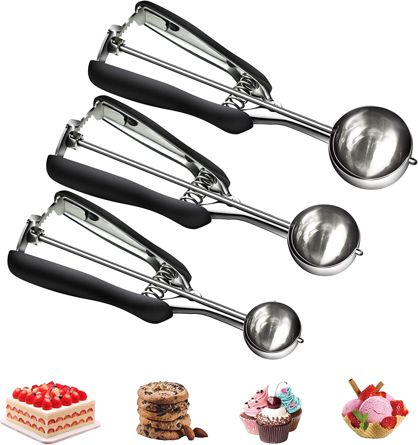 Cookie Dough Scoop Set, Cookie Scoops for Baking Set of 3, Small Ice Cream Scoop with Trigger, Stainless Steel Melon Baller Scoop, Kitchen Cookie Scooper for Baking (Black)