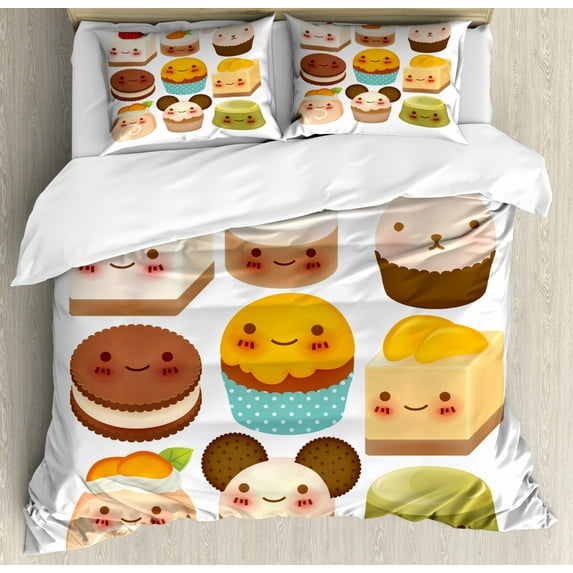 Cookie Duvet Cover Set King Size, Chubby Kawaii Baked Goods with Smileys on Their Faces Cute Desserts Girly Bunny Ears, 3 Piece Bedding Set with 2 Pillow Shams, Multicolor, by Ambesonne