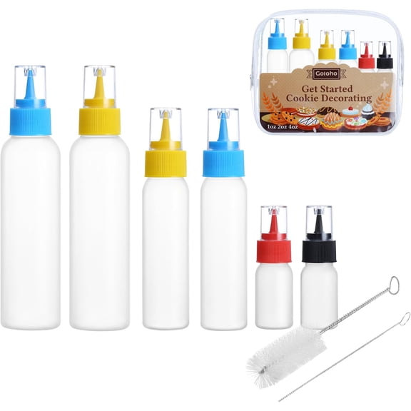 Cookie Icing Bottles, 6 Squeeze Applicator 2 each (1, and 4 ounces), Royal Tools, Cake Sugar Decorating Supplies, Food Coloring, Frosting, Pancake Arts Crafts Kit - Pack