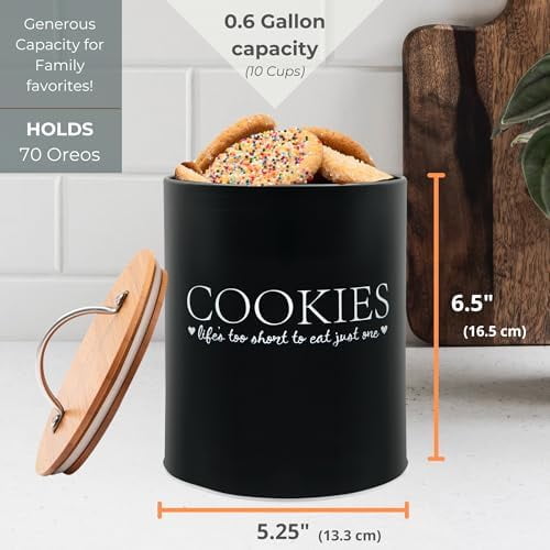 Cookie Jar with Airtight Bamboo Lid – 0.6 Gallon Cute and Decorative Cookie Storage for Kitchen Countertop – Farmhouse Storage Tin for Freshness – Great Gift Idea