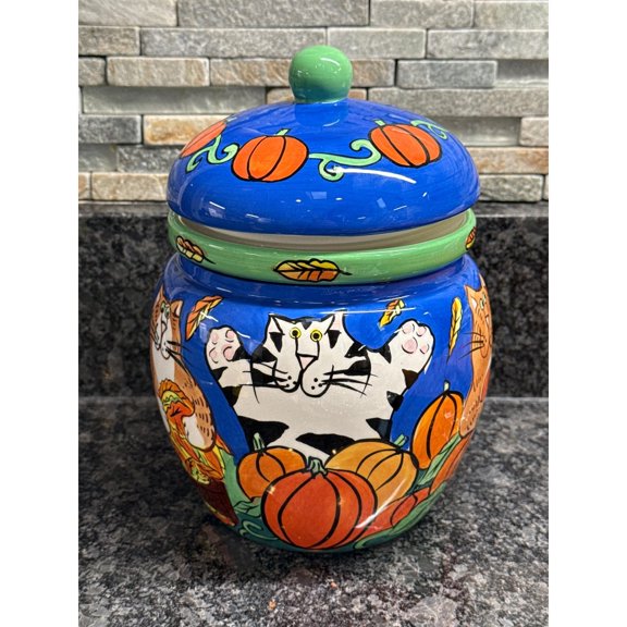 Cookie Jar, Cat, Ceramic, Multicolored, Large Food Storage Container for Candy, Cookies, Dessert, Farmhouse Kitchen Decor and Accessories