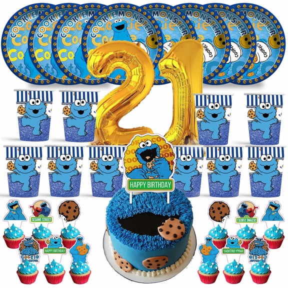 Cookie Monster Birthday 21th Cups Party Supplies Plates Fans Decorations Cake Topper Decor