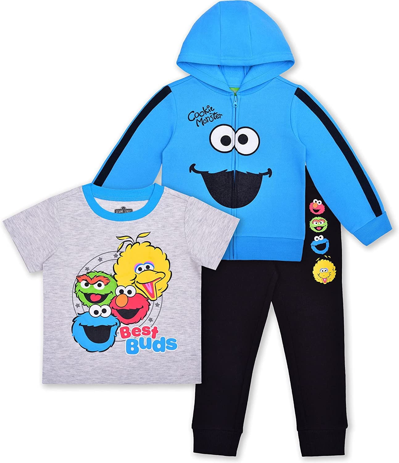 Sesame Street Elmo Cookie Monster Boy's Fleece Pullover Hoodie and Pants  Outfit Set Toddler