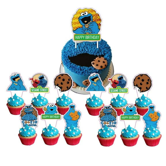 Cookie Monster Cake Topper CupcakeS Set Birthday Party Supplies Decoration Decor Kit