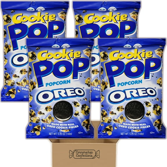 Cookie Pop Bulk Pack - Oreo - 4 Individually Sealed 5.25 Ounce Bags - Cookie Coated Popcorn - Made With Oreo Cookie Pieces - For Snacks, Lunches Movie Nights - In A Cornershop Confections Pack