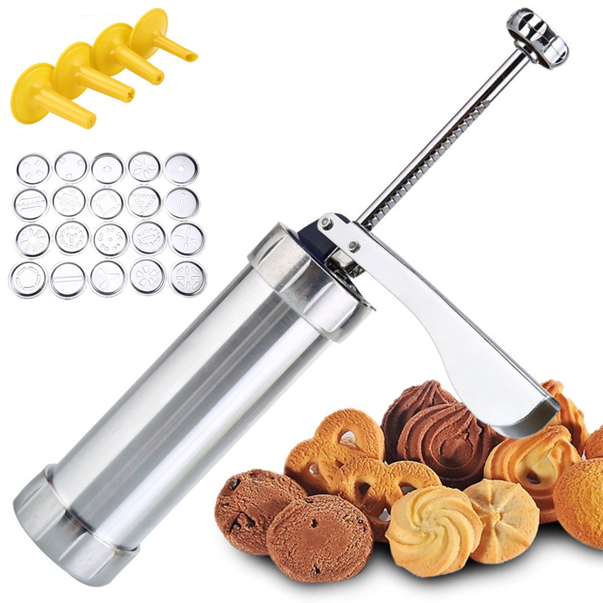 Cookie Press Stainless steel biscuit maker and fritter maker with 20 discs  and 4 icing techniques (silver) (one size)