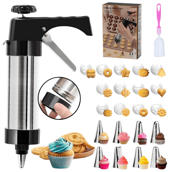 Cookie Press Gun- 3-in-1Premium Baking Tool Set for Cookie Press,Spritz Cookie Press Kit with 13 Discs & 8 Piping Tips and Cleaning Brush| Perfect for Thanksgiving Christmas, Baking & Cake Decorating