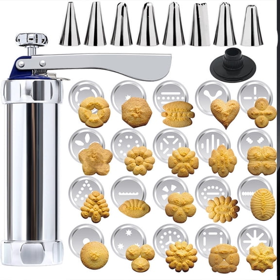JIAYUEZHAO Cookie Press Machine,Stainless Steel Manual Cookie Press, with 8 Piping Tips and 20 Cookie Discs, Cookie Press Kit (29 Count)