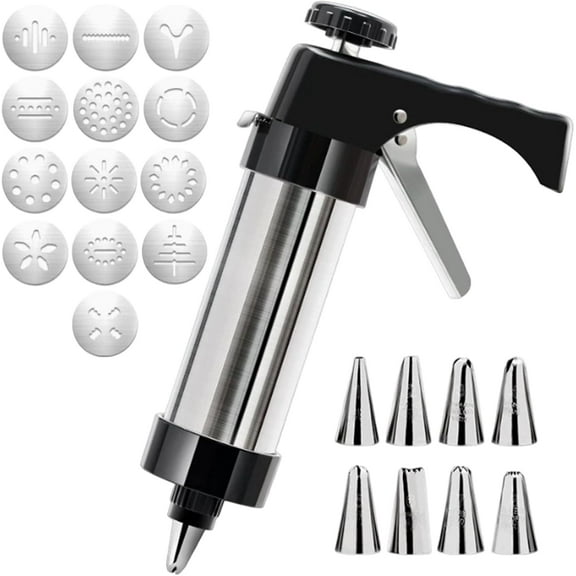 Cookie Press Gun Decorating Kit, 3-in-1Premium Baking Tool Set for Cookie Press and Cake Decorating with 16 Discs, 8 Icing Tips, and Cleaning Brush, DIY Christmas Baking Gift for Women