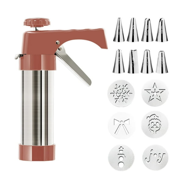 Cookie Press Gun Kit - 1 Pc Tube with 6 Discs and 8 Icing Tips, Cookie Press for Baking, Spritz Cookie Press, Thicken Cookies Press Gun Kit Suitable for DIY Cookies, 8.66 Inch,Brown
