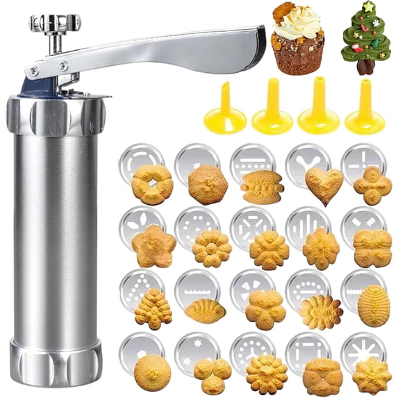 Cookie Press Gun Kit: Spritz Cookie Press Gun Set with 20 Discs and 4 Nozzles, Cookie Press Gun for DIY Biscuit Maker Baking and Cake Icing (Silver)