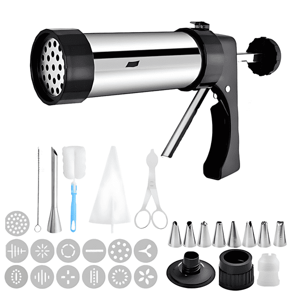 Stainless Steel Cookie Press Gun Kit with 13 Mold Discs and 9 Piping Nozzles, Icing Tips Baking Tools Set for DIY Cookie and Cake Decoration