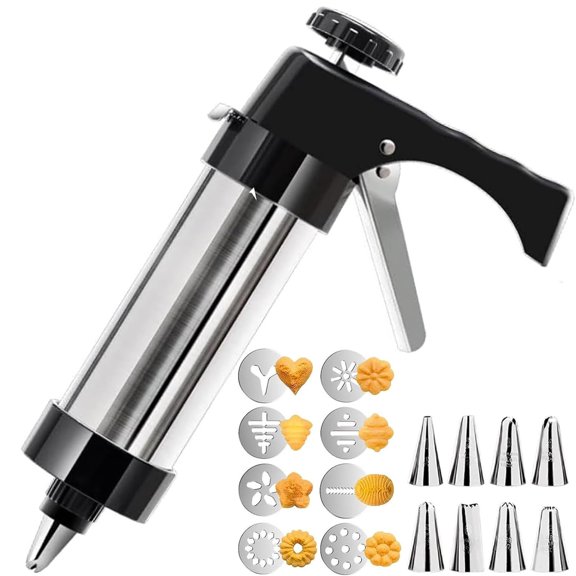 Cookie Press Gun Kit  Stainless Steel Spritz Cookie Maker with Discs & Piping Tips, Easy-to-Use Biscuit Press Icing Gun for Baking & DIY Pastry Dessert Making and Decorating