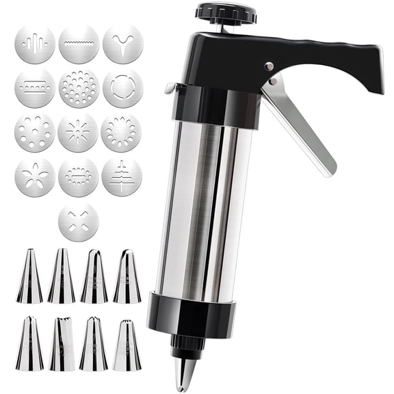Cookie Press Gun Kit, Stainless Steel Spritz Cookie Press Set with 13 Discs, 8 Piping Tips, Baking Icing Gun, Spatula, Brush, 15 in38 cm